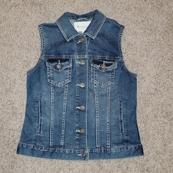 Two by Vince Camuto Denim Vest with White Crochet Lace Back Detail Size XS - Picture 5 of 8